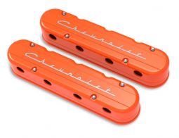 HOLLEY 2-PC LS "CHEVROLET" SCRIPT VALVE COVERS – FACTORY ORANGE MACHINED FINISH